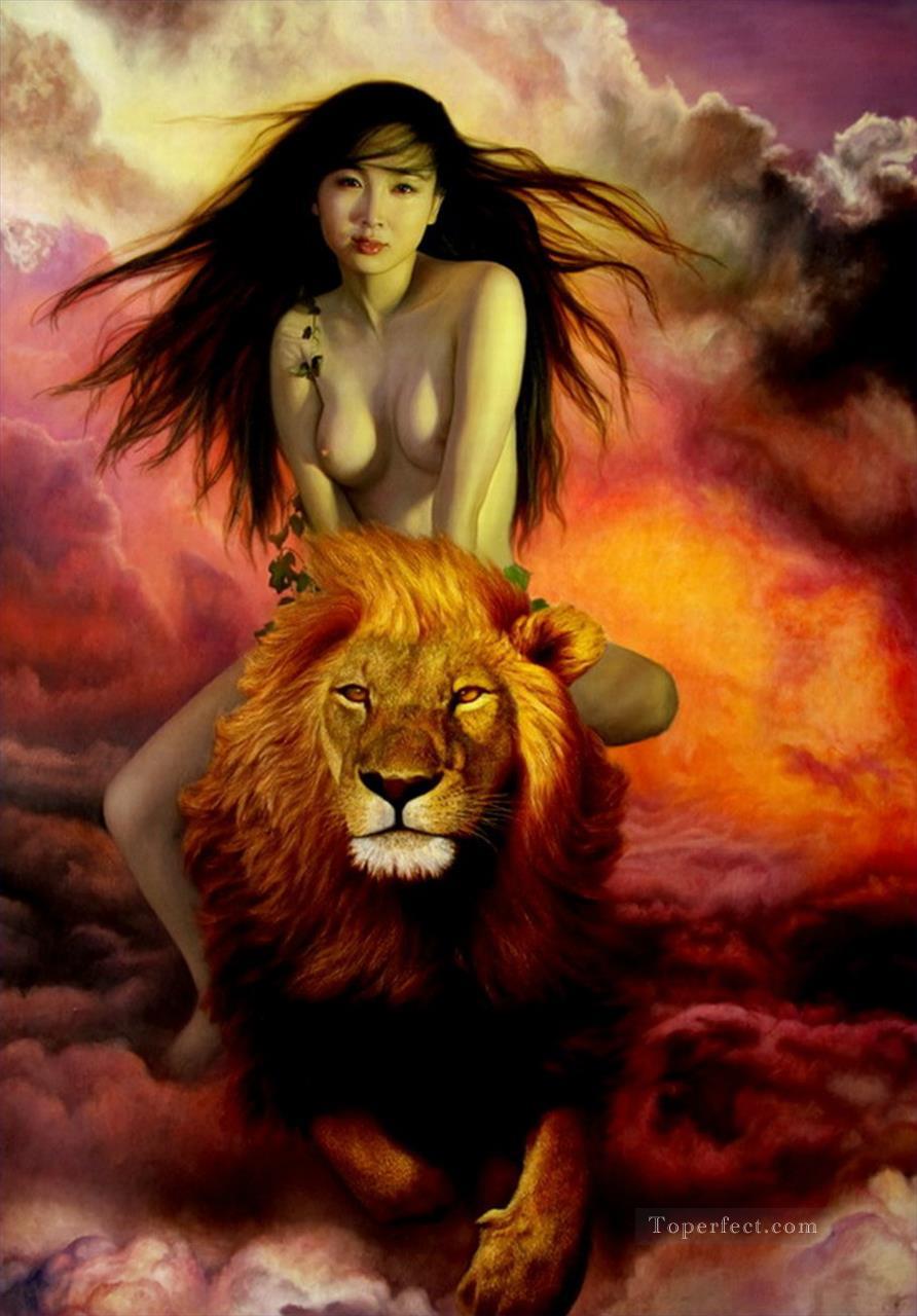 Riding Lion under Red Clouds Chinese Girl Nude Oil Paintings